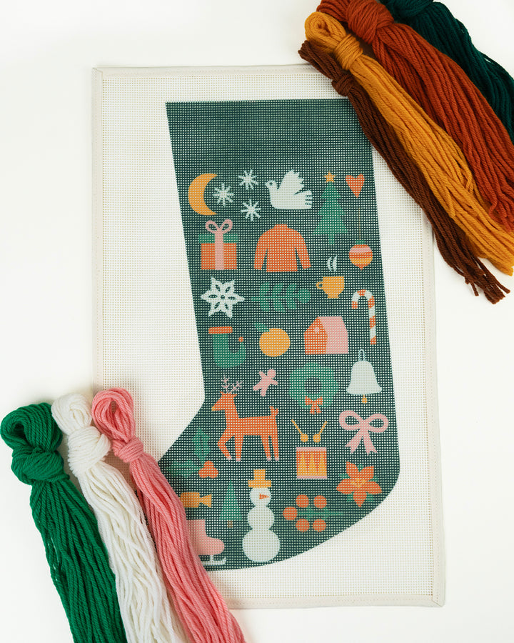 Folk Christmas Stocking Needlepoint Kit (Dark Green)