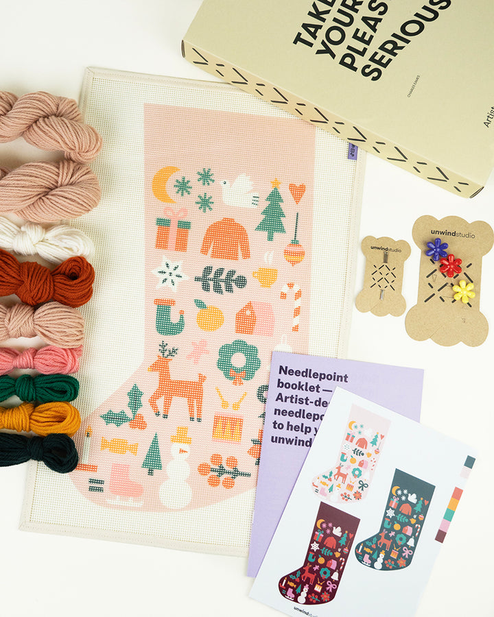 Folk Christmas Stocking Needlepoint Kit (Light Pink)