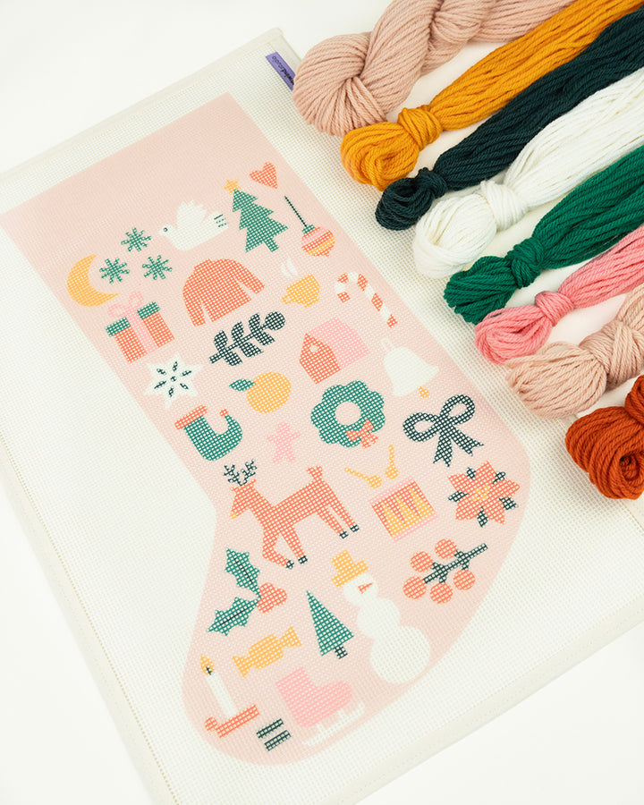 Folk Christmas Stocking Needlepoint Kit (Light Pink)