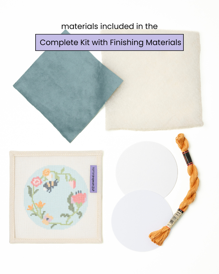 Garden Bee complete needlepoint kit with finishing materials - vevelt fabric, filling batting, mat board, DMC perle cotton