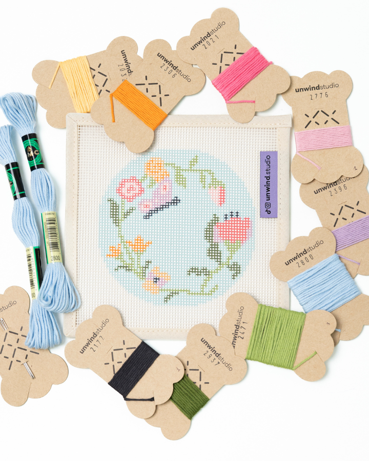 Garden Butterfly complete needlepoint kit with finishing materials - vevelt fabric, filling batting, mat board, DMC perle cotton