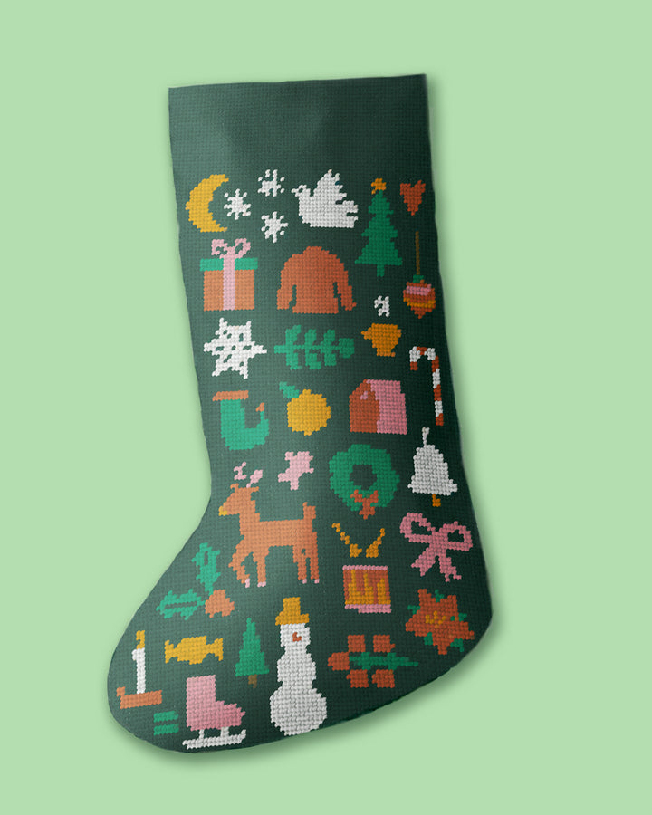 Folk Christmas Stocking Needlepoint Kit (Dark Green)