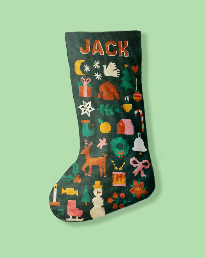 Canevas de bas de Noël folklorique (Vert foncé)