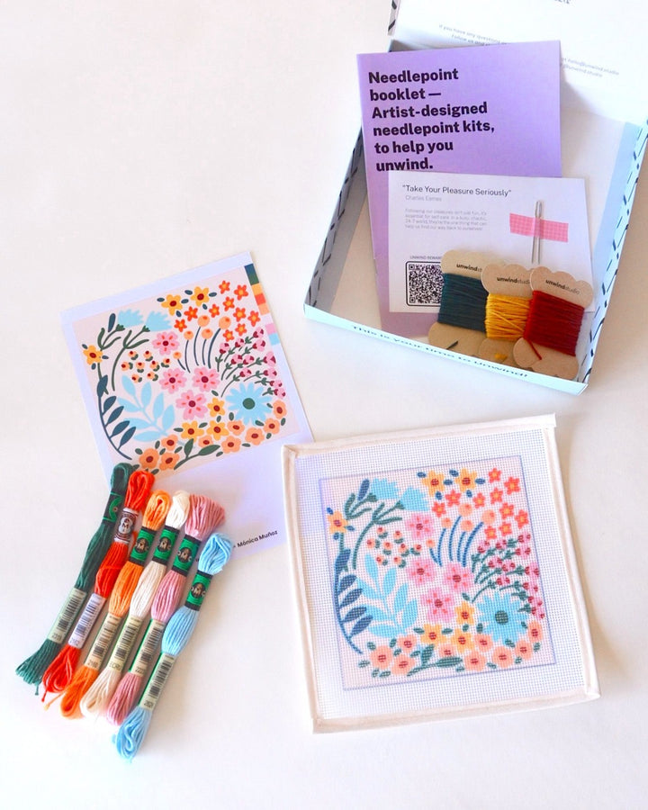 Happy Flowers floral modern design for a needlepoint kit by Unwind Studio in collaboration with artist Moniquilla