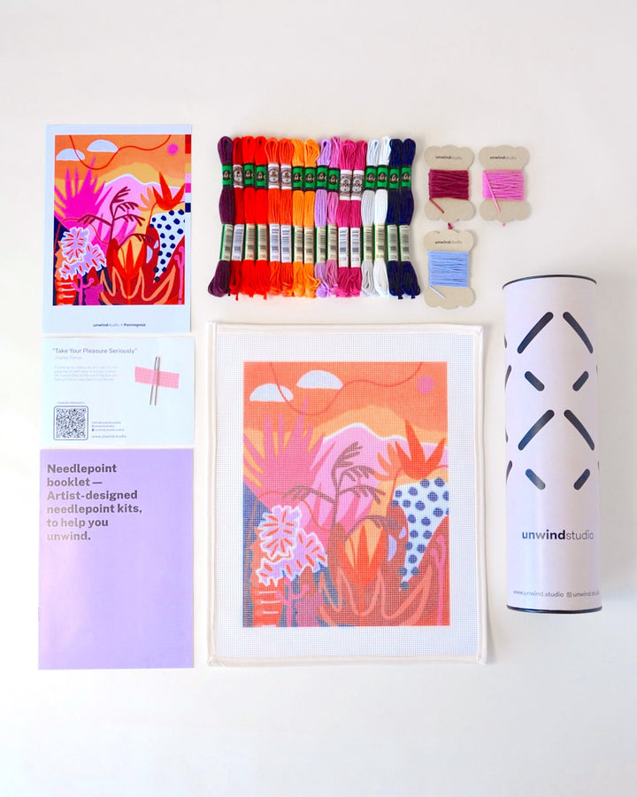 Highnoon abstract and modern design for a needlepoint kit by Unwind Studio in collaboration with artist Ponnopozz