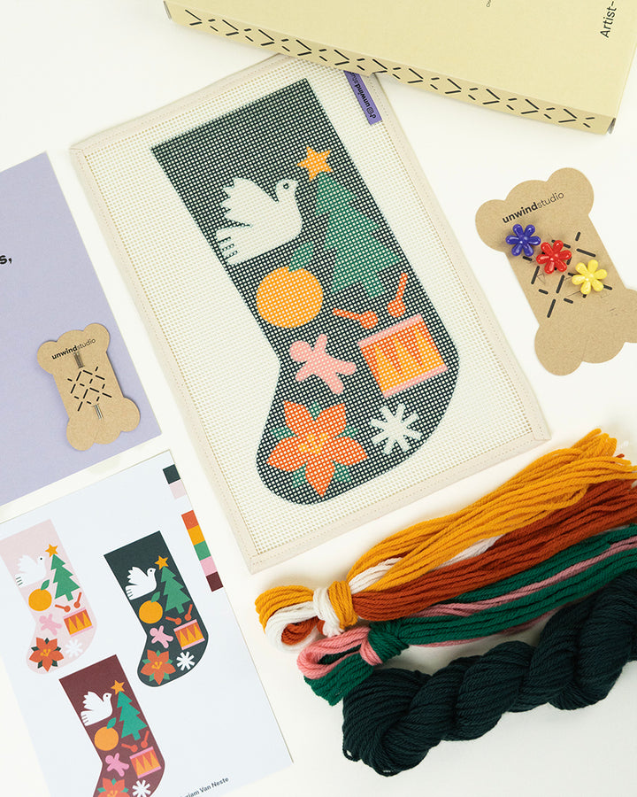 Mini Christmas Stocking Needlepoint Kit - Folk Pattern (Dark Green)