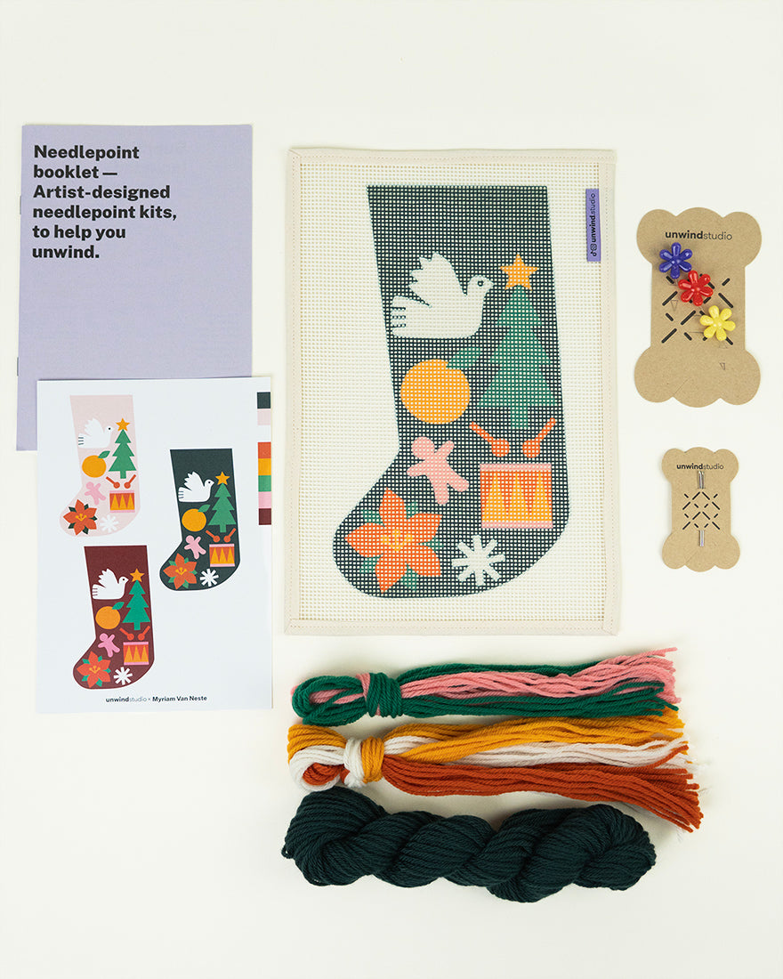 Mini Christmas Stocking Needlepoint Kit - Folk Pattern (Dark Green)