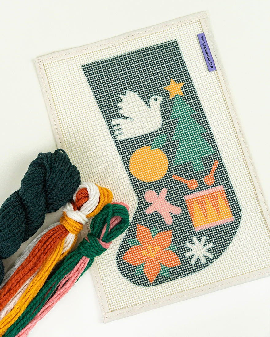Mini Christmas Stocking Needlepoint Kit - Folk Pattern (Dark Green)