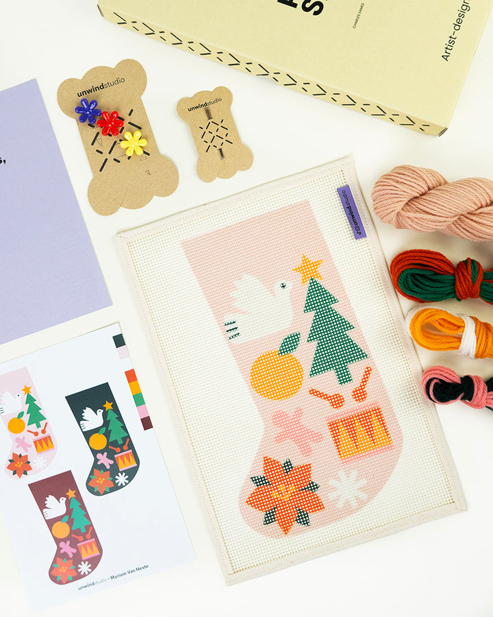 Mini Christmas Stocking Needlepoint Kit - Folk Pattern (Light Pink)