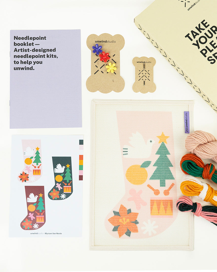 Mini Christmas Stocking Needlepoint Kit - Folk Pattern (Light Pink)