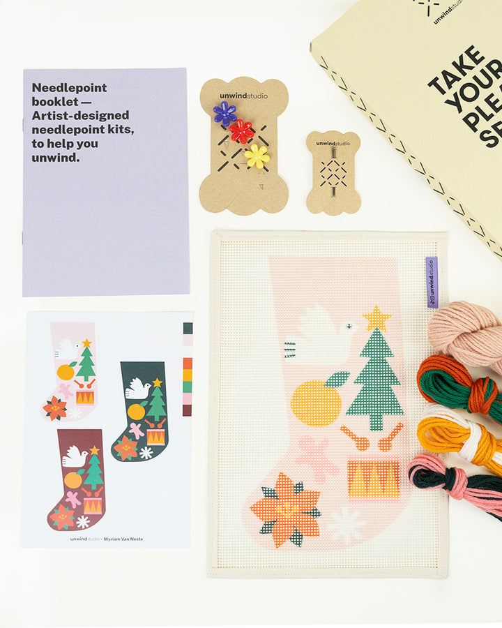 Mini Christmas Stocking Needlepoint Kit - Folk Pattern (Light Pink)