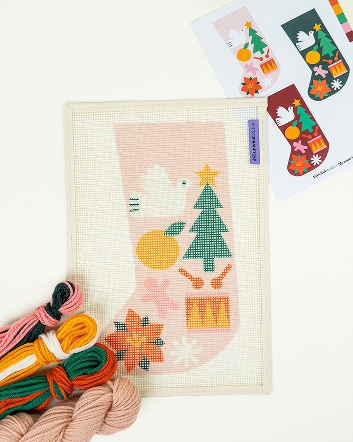 Mini Christmas Stocking Needlepoint Kit - Folk Pattern (Light Pink)