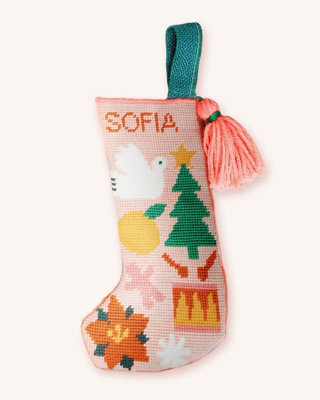 Mini Christmas Stocking Needlepoint Kit - Folk Pattern (Light Pink)