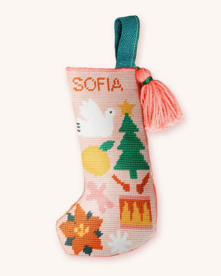 Mini Christmas Stocking Needlepoint Kit - Folk Pattern (Light Pink)