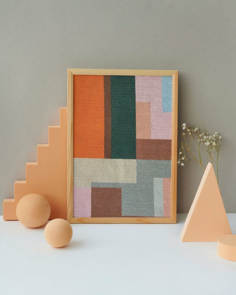 Needlepoint canvas of geometric colorful illustration with color blocks