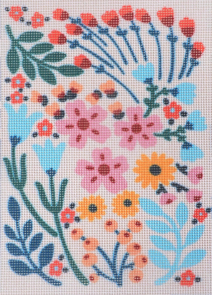 Happy Flowers floral modern design for a needlepoint kit by Unwind Studio in collaboration with artist Moniquilla