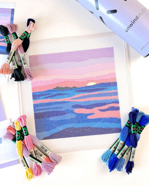 Kit De Broderie Crewel Vintage 1977 – Plante Et Coucher De Soleil, Sunset Stitchery, Neuf Scellé
