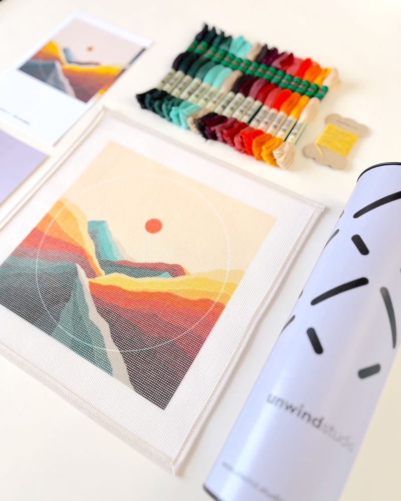 Orange and Teal Mountain Needlepoint Kit by Unwind Studio