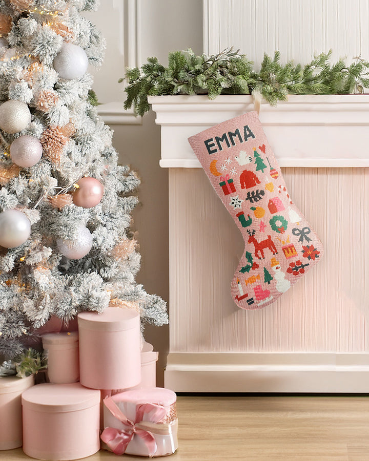 Folk Christmas Stocking Needlepoint Kit (Light Pink)