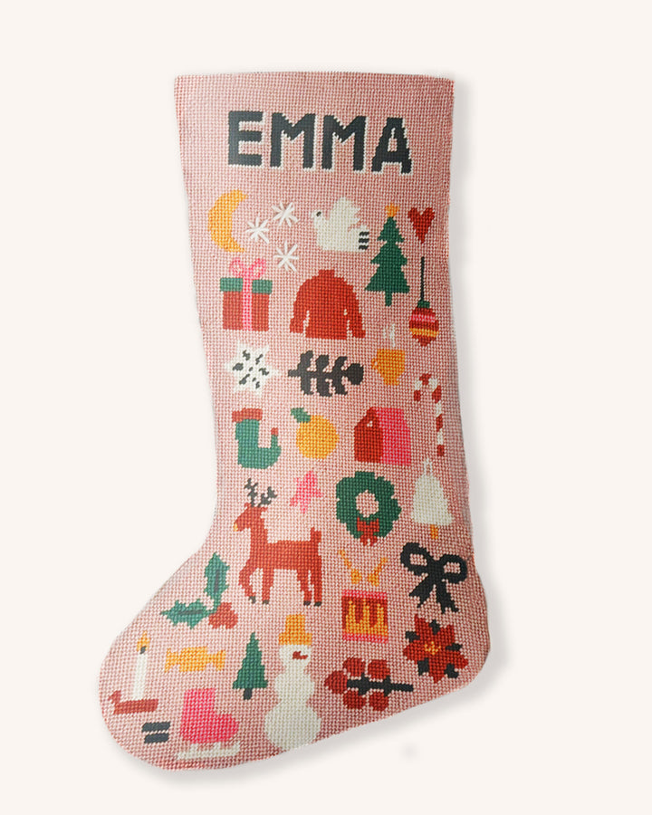 Folk Christmas Stocking Needlepoint Kit (Light Pink)
