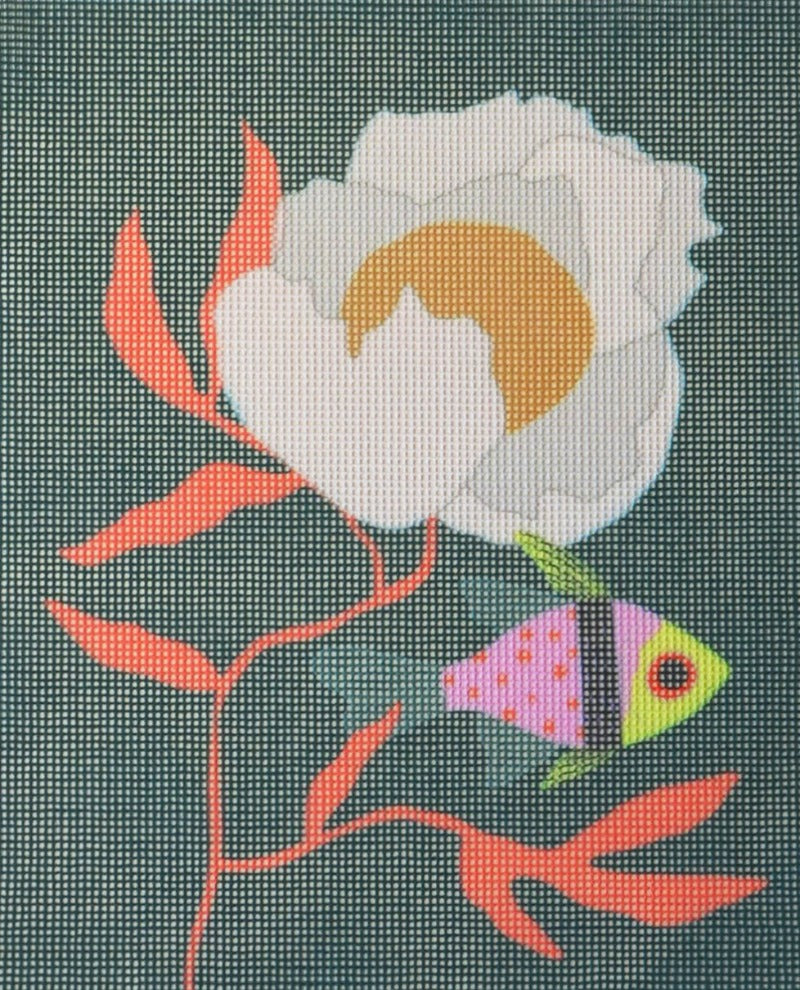 Pajama Fish Flower design for a needlepoint kit by Unwind Studio in collaboration with artist Bekah Worley