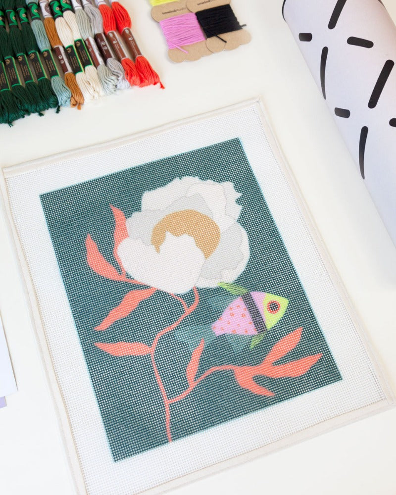 Pajama Fish Flower design for a needlepoint kit by Unwind Studio in collaboration with artist Bekah Worley