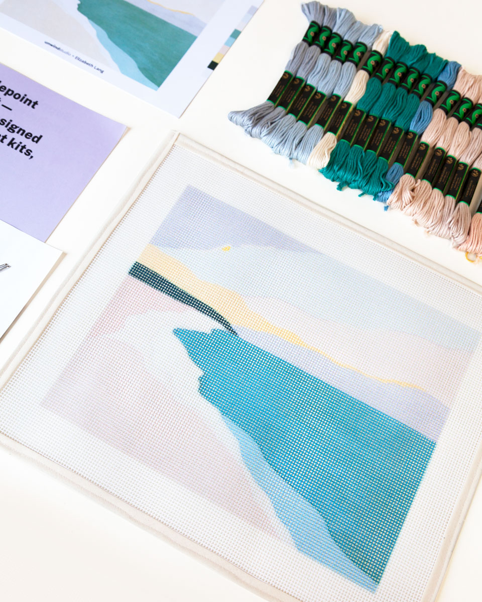 Beautiful relaxing beach design modern needlepoint kit by Unwind Studio and Elizabeth Lang