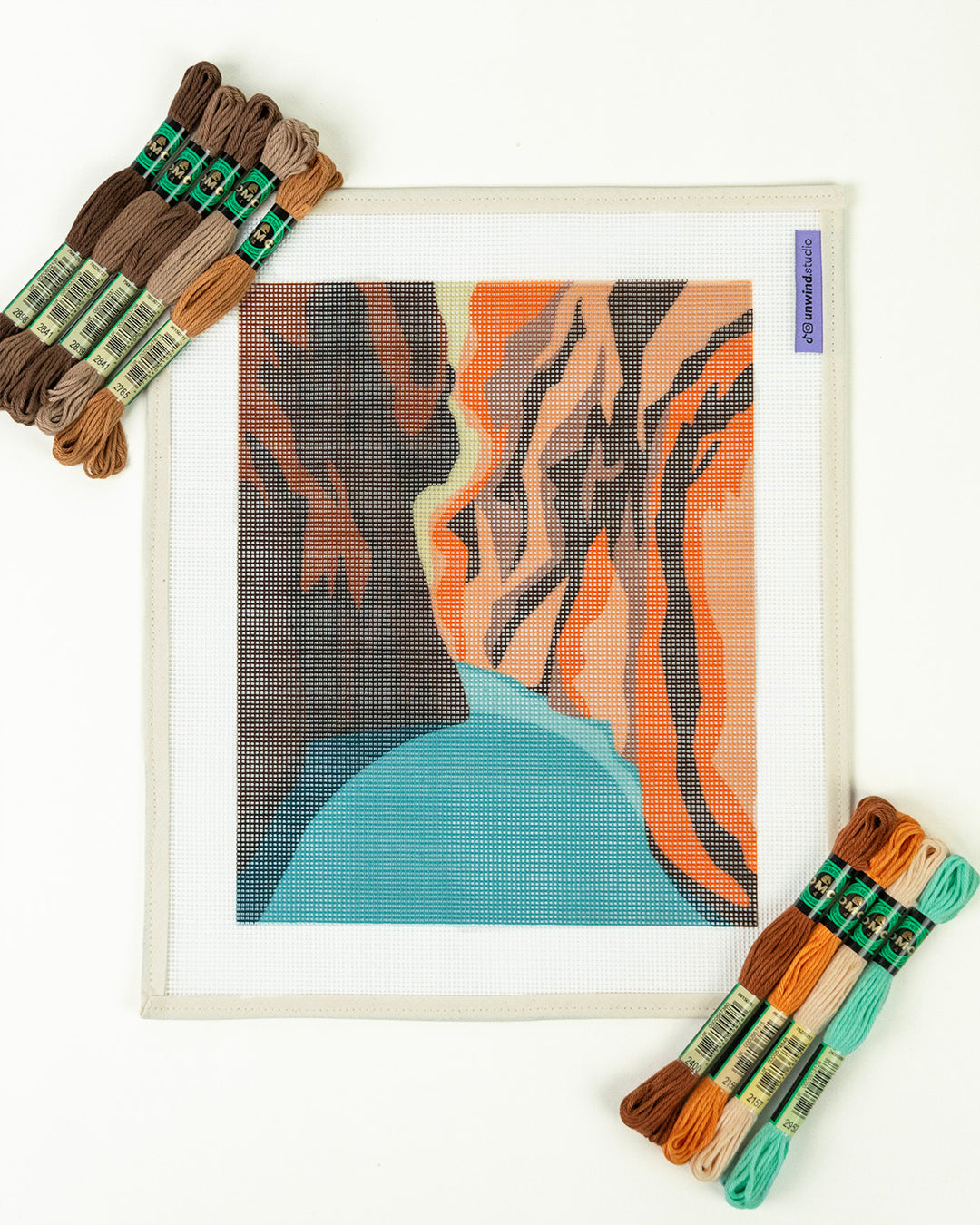 Close-up of Zion National Park needlepoint kit showing detailes of canyon walls and natural scenery. 
