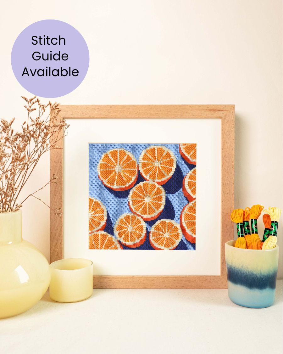 agrumes needlepoint kit framed and displayed on a wall nexto to matching threads and a vase with dry flowers