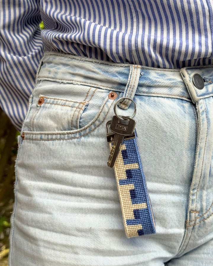 Echo Key Fob with a key hanging on a pair of denim jeans
