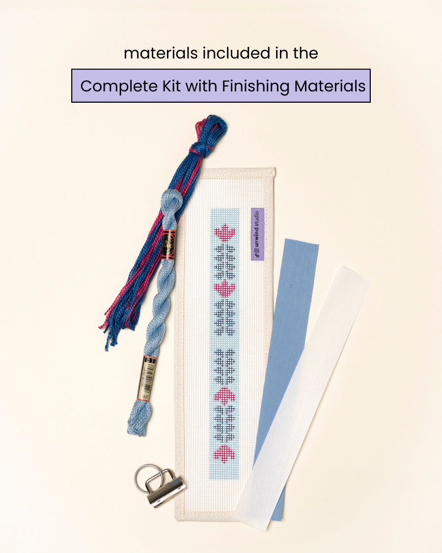 flat view of the Berry Vine Key Fob Needlepoint Kit with printed canvas, matching threads and finishing materials.