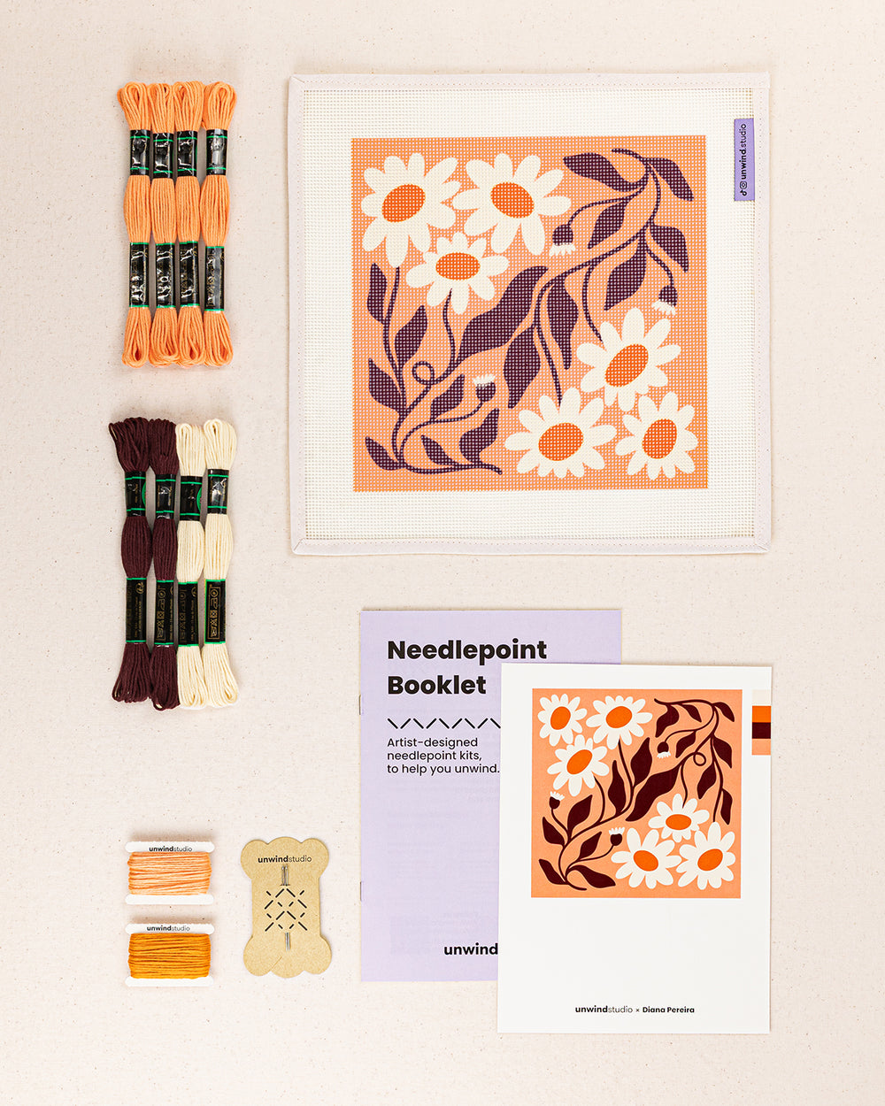 Daisy Chains needlepoint kit contents: printed canvas, threads, needles, and instruction booklet, graphic flyer laid flat