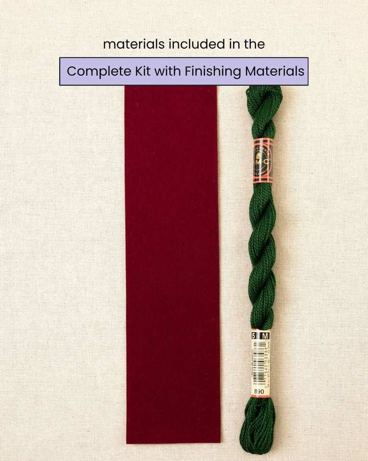 elinor bookmark needlepoint kit finishing materials with self-adhesive velvet fabric and thread.