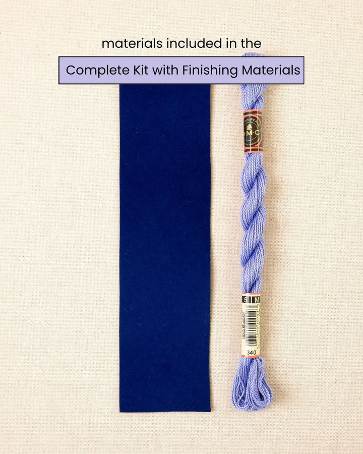 elizabeth bookmark needlepoint kit finishing materials with self-adhesive velvet fabric and thread.