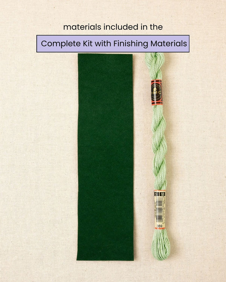 emma bookmark needlepoint kit finishing materials with self-adhesive velvet fabric and thread.