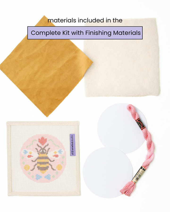folk Bee complete needlepoint kit with finishing materials - vevelt fabric, filling batting, mat board, DMC perle cotton