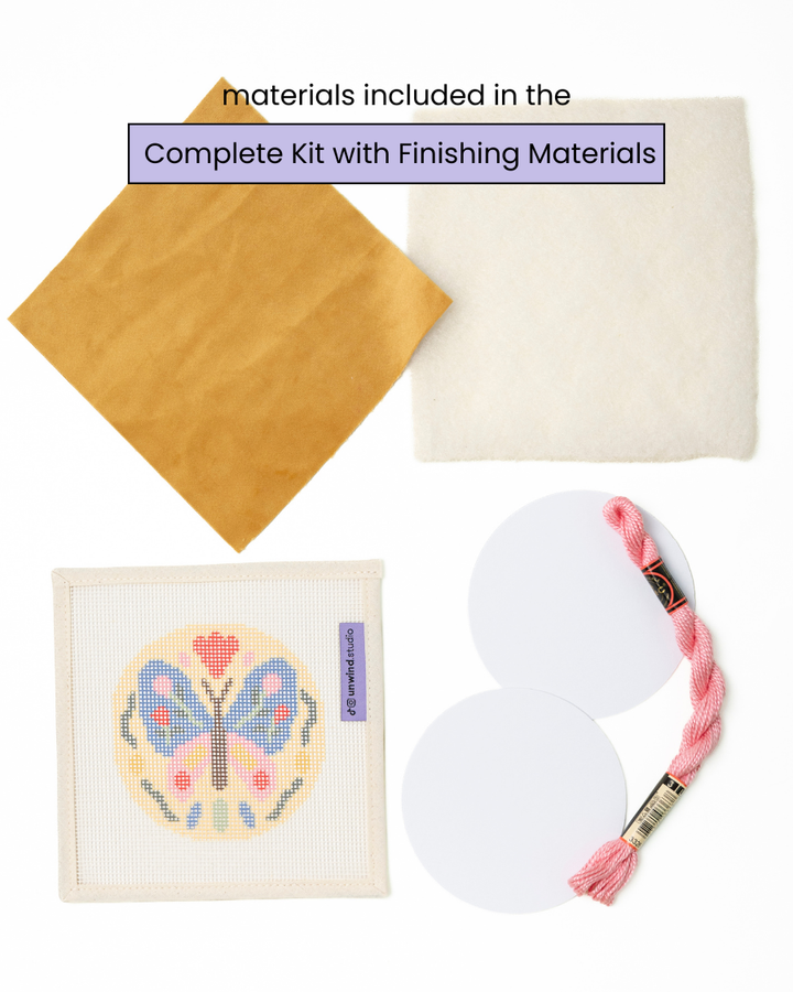 folk butterfly complete needlepoint kit with finishing materials - vevelt fabric, filling batting, mat board, DMC perle cotton