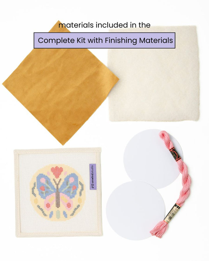 folk butterfly complete needlepoint kit with finishing materials - vevelt fabric, filling batting, mat board, DMC perle cotton