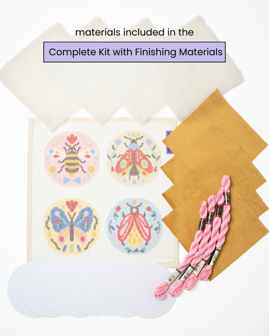 folk insects set complete needlepoint kit with finishing materials - vevelt fabric, filling batting, mat board, DMC perle cotton