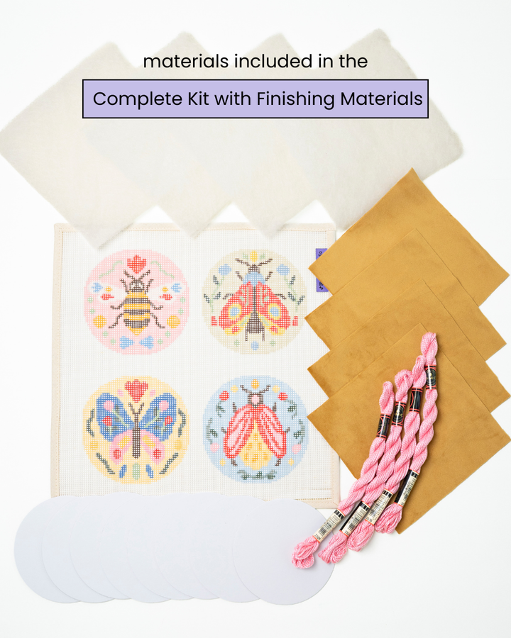 folk insects set complete needlepoint kit with finishing materials - vevelt fabric, filling batting, mat board, DMC perle cotton