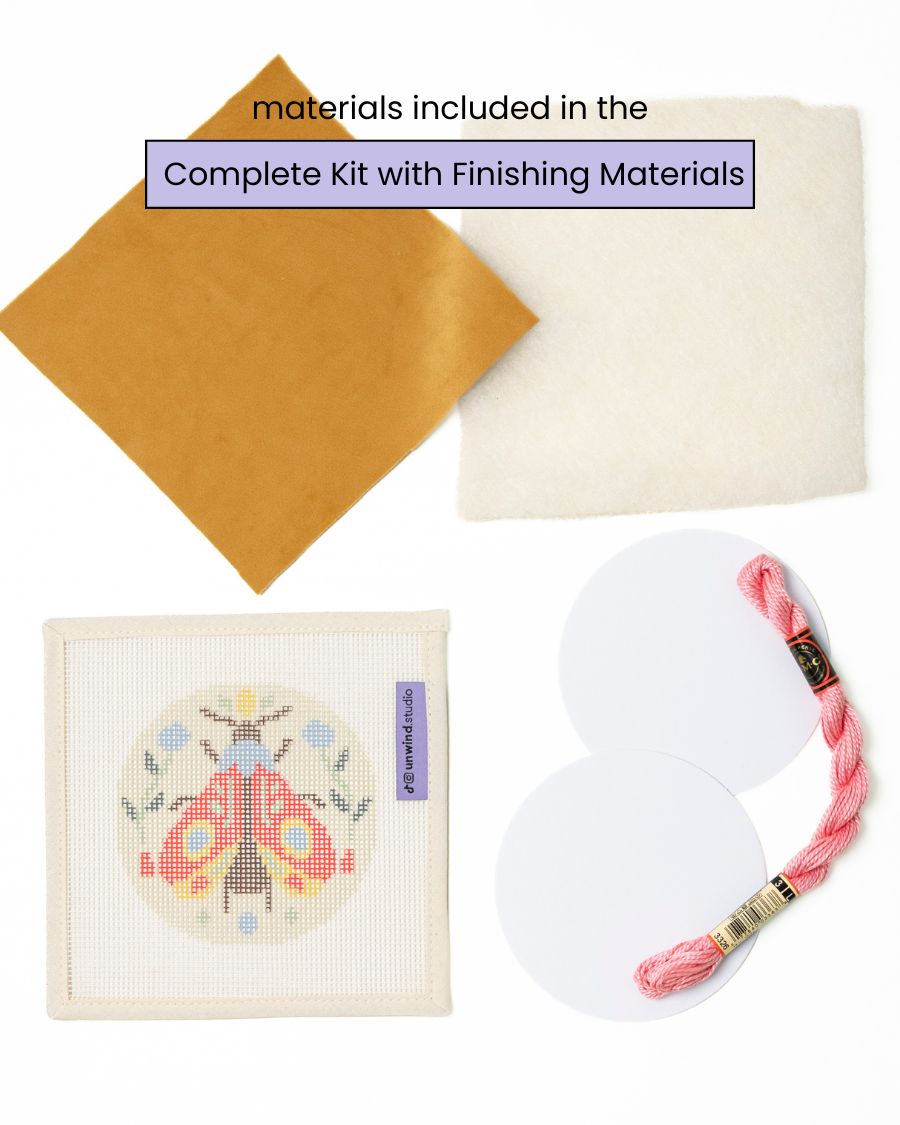 folk moth complete needlepoint kit with finishing materials - vevelt fabric, filling batting, mat board, DMC perle cotton