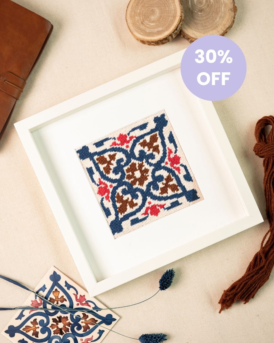 Foz Tile needlepoint kit for unwind's studio end of summer sale