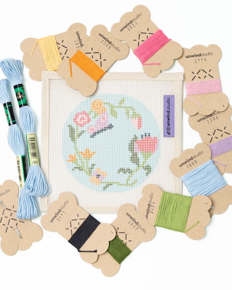 flat view of the Garden butterfly needlepoint canvas with matching bold colored threads  
