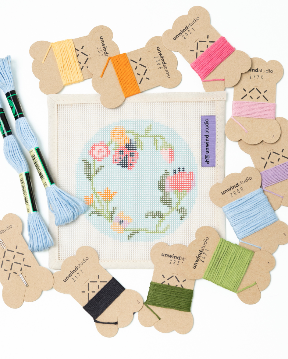 flat view of the Garden ladybug needlepoint canvas with matching bold colored threads  

