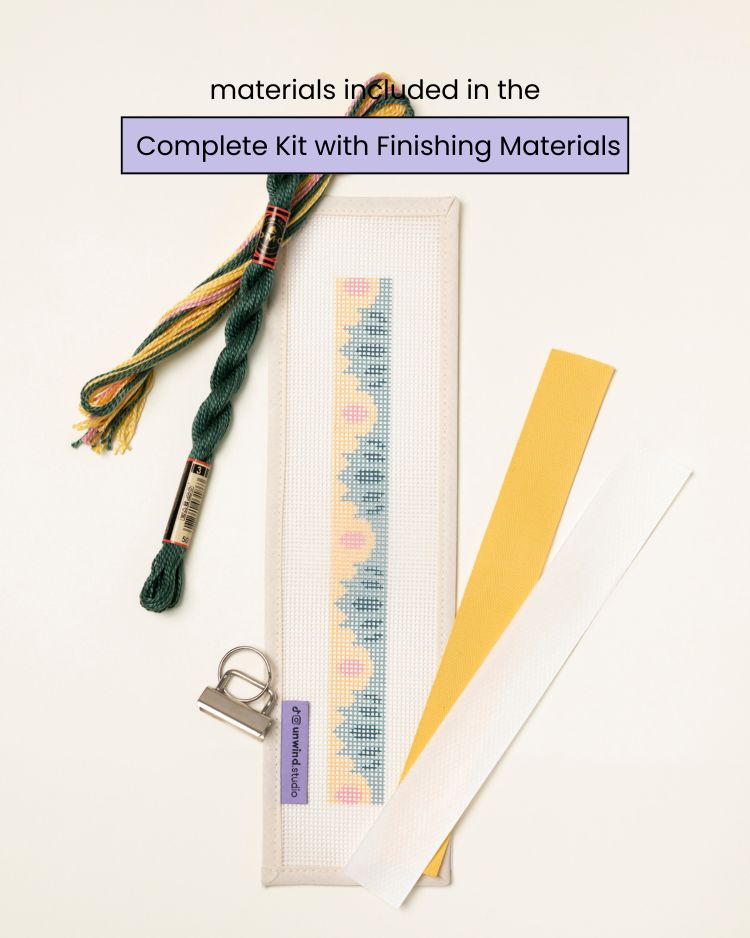 flat view of the High Seas Key Fob Needlepoint Kit with printed canvas, matching threads and finishing materials.