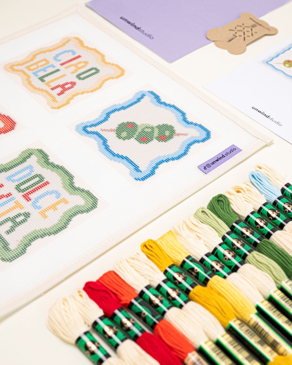 side view of the italian summer coaster set from unwind studio with the bold colors from the DMC Soft Cotton threads.