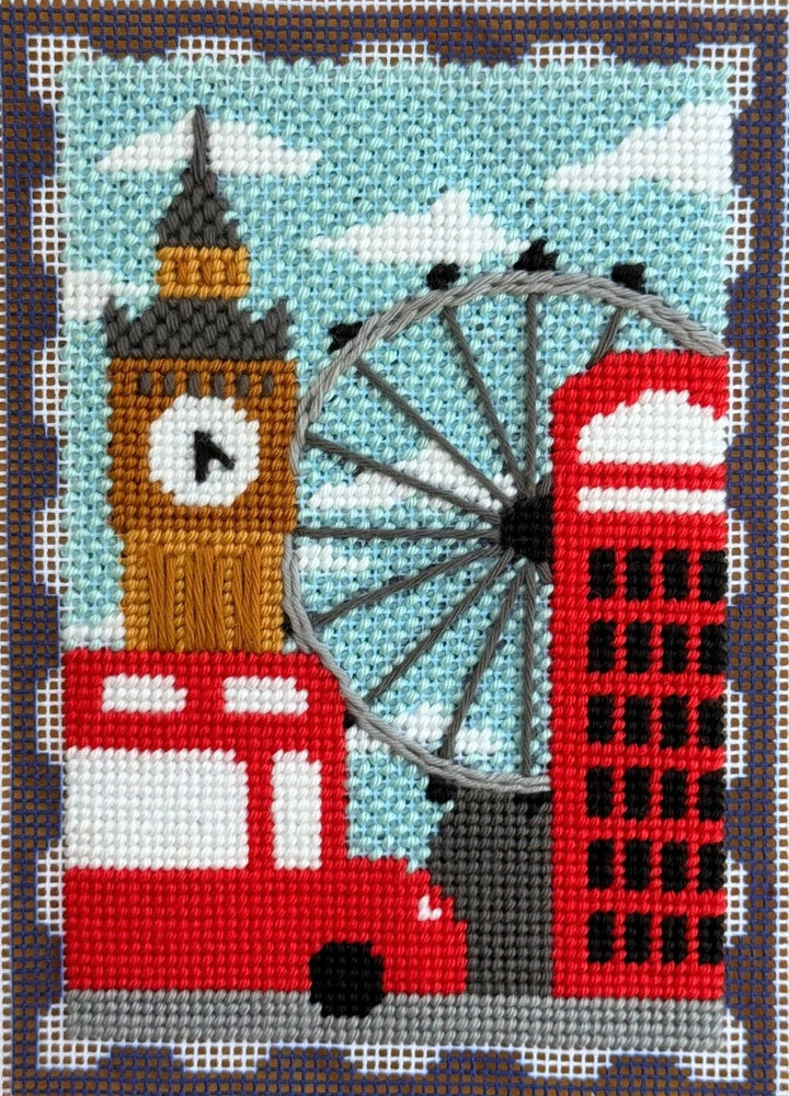 Close up image of the london stamp/postcard fully stitched
