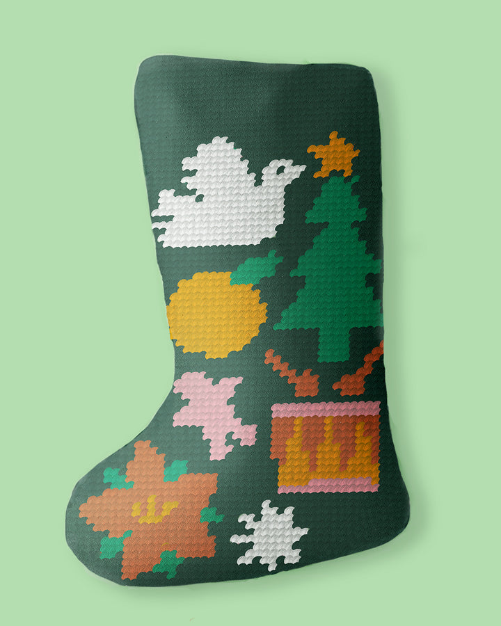 Mini Christmas Stocking Needlepoint Kit - Folk Pattern (Dark Green)