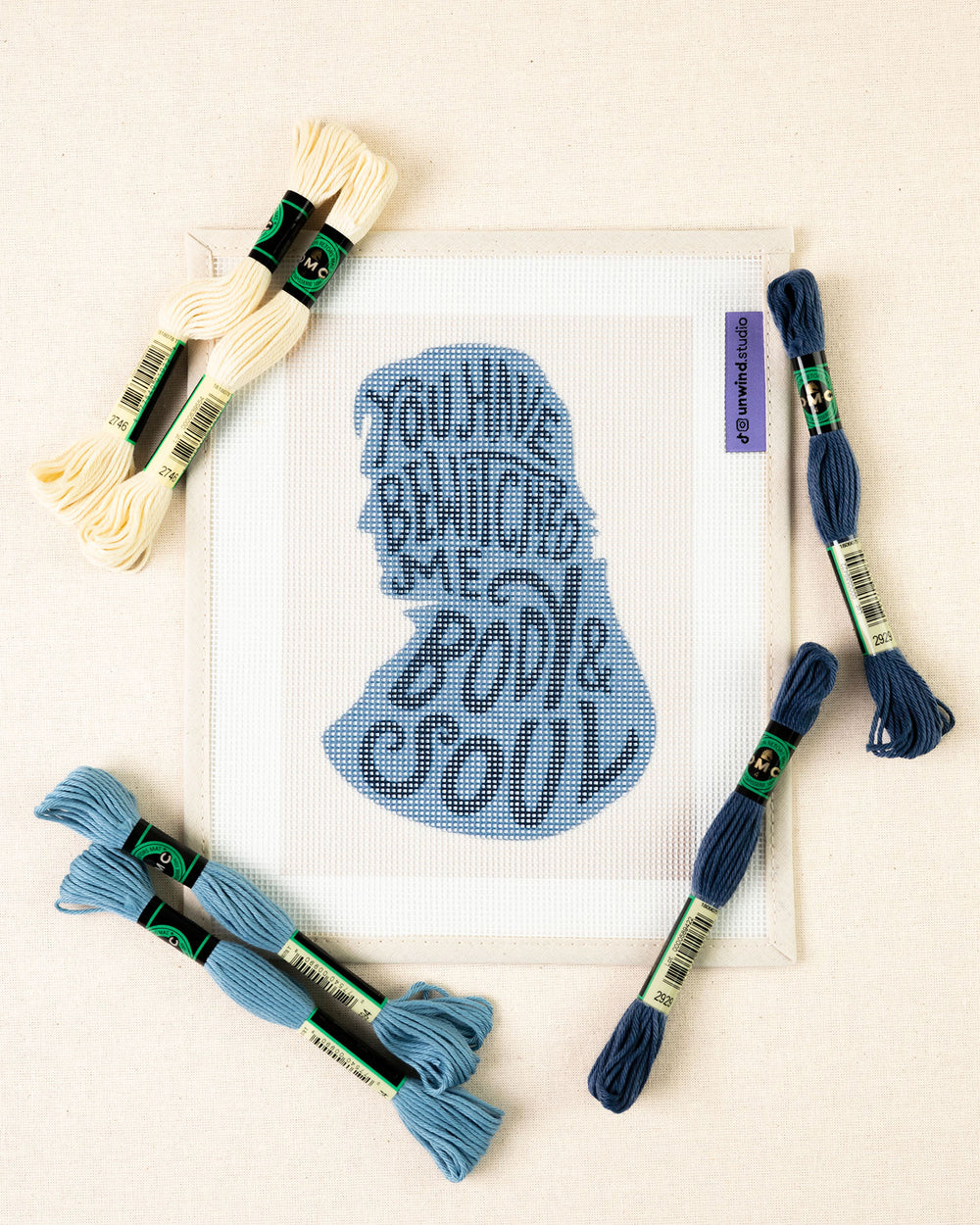 Mr. Darcy needlepoint kit with the quote "you have bewitched me, body and soul" and matching threads