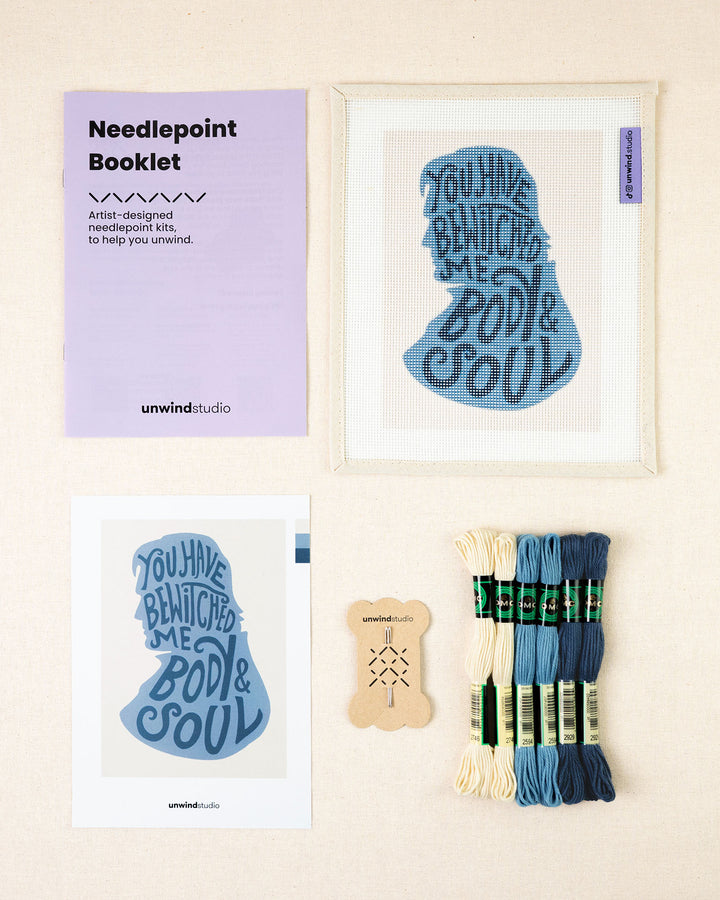 Mr.Darcy Needlepoint full kit with printed canvas, booklet, graphic flyer, matching threads and needles.